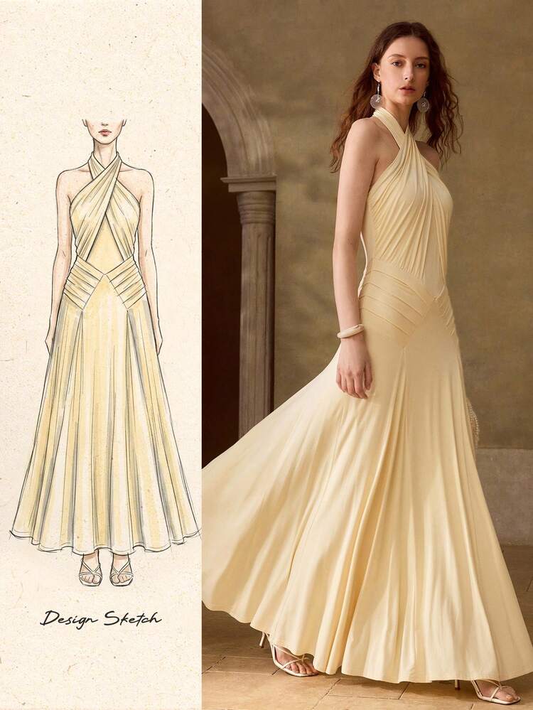 WOMEN'S YELLOW HALTER NECK KNIT DRESS, ELEGANT FOR DAILY WEAR AND DATES, SPRING/SUMMER