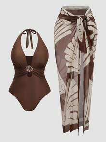Swim Oasis Plus Size Halter Deep V Swimsuit 2 Pieces Set Vintage Floral Print High Waist Tummy Control Bikini + Long Sarong Skirt Vacation Outfit Brown Summer - Coffee Brown - View 1