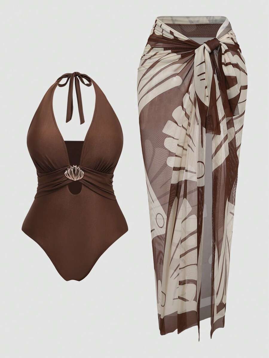 Swim Oasis Plus Size Halter Deep V Swimsuit 2 Pieces Set Vintage Floral Print High Waist Tummy Control Bikini + Long Sarong Skirt Vacation Outfit Brown Summer - Coffee Brown - View 1