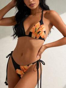 Swim Vcay Women's Black Floral Print Halter Tie Bikini Swimsuit Set,Summer Casual Beach Party Holiday Vacation Holiday Two-Piece Beachwear With Bra Pads - Multicolor - View 6