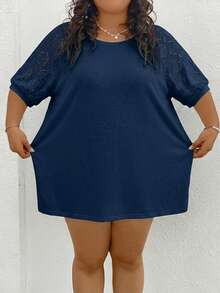 SHEIN CURVE+ 大码女式拼接不同材质上衣，白色T恤 - 藏蓝色 - 查看 6