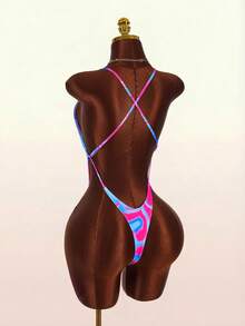 Amplova Maillot de bain une pièce à col en V et dos nu imprimé pour femmes, sexy et avant-gardiste, convient pour les vacances, mini maillot de bain mignon, teinture tie-dye couleur vive - Multicolore - Voir 1