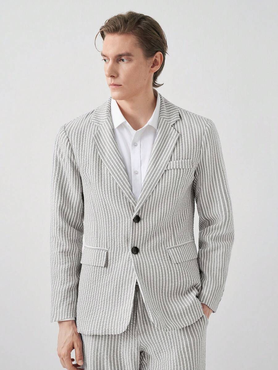 Manfinity CityGents Men's Grey Striped Textured Spring/Summer Front Button Long Sleeve Suit Jacket And Pants Set Prom Suit For Men Mans Outfit Mans Suit Elegant Outfit For Men Pin Stripe Suit Old Money,Daily Leisure, Weekend Trips, Outdoor Activities, Travel Expeditions, Relaxed Work Environments Or Semi-Formal Occasions, Boyfriend/Husband Gift, Anniversary /Birthday Gift Party Summer Vacation Holiday,Wedding,Spring To Summer,Easter,Y2k,Vintage,Hawaii - Grey - View 1