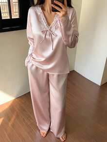 DAZY 2pcs Set Piyama Longgar Leher V Polos dengan Motif Renda, Atasan Lengan Panjang dan Celana, Musim Gugur/Musim Dingin untuk Wanita - Berwarna merah muda - View 3