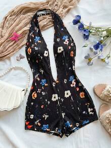 Soleia Bộ jumpsuit nữ màu trắng dệt kim họa tiết sóng, cổ chữ V sâu, hở lưng, ôm sát, gợi cảm, thích hợp cho tiệc tùng, hẹn hò, trà chiều, kỳ nghỉ phong cách boho, đi biển, trang phục mùa hè. - màu đen - Xem 1
