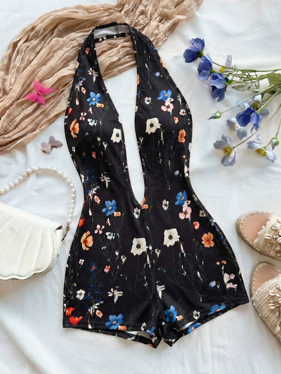 Soleia Bộ jumpsuit nữ màu trắng dệt kim họa tiết sóng, cổ chữ V sâu, hở lưng, ôm sát, gợi cảm, thích hợp cho tiệc tùng, hẹn hò, trà chiều, kỳ nghỉ phong cách boho, đi biển, trang phục mùa hè. - màu đen - Xem 1