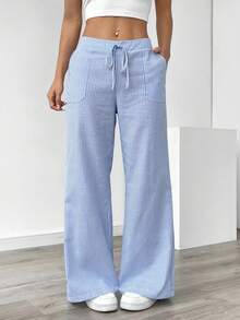 Pariaura Women's Blue Striped Low-Waist Wide Leg Pants For Holiday, Casual Wear Fall Cloth For Women - Blue - View 4