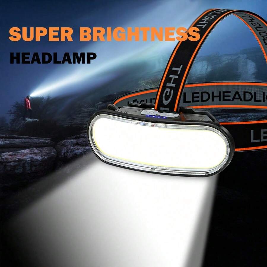 1 قطعة مصباح رأس LED COB قابل للشحن، مصباح رأس يدوي للصيد والتخييم، فانوس رأس LED، مصباح رأس مدمج البطارية للتخييم الليلي والصيد والعمل والصيد والركض - اسود - مشاهدة 1