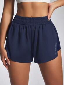 SHEIN Sovereign Charm Casual Versatile Blue Pleated Back Letter Print Sports Shorts - Navy Blue - View 8