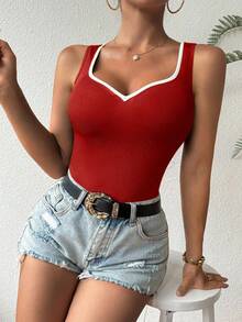 Chiquease Contrast Color Heart Collar Sleeveless Fitted Tank Top - Red - View 5