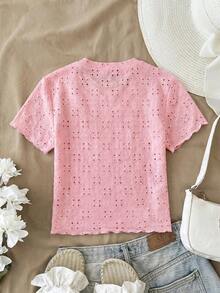 SHEIN Áo thun ngắn tay cổ tròn dệt jacquard màu be cho nữ thiếu niên, dễ phối đồ, phong cách casual đa năng, mặc thường ngày & đi chơi, dáng crop top, áo trắng - Nhiều màu - Xem 2