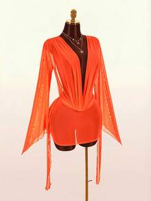 Amplova Robe femme à manches longues, col cache-cœur, manches évasées, dos nu, avec franges à l'ourlet, sexy et avant-gardiste - Orange - Voir 7