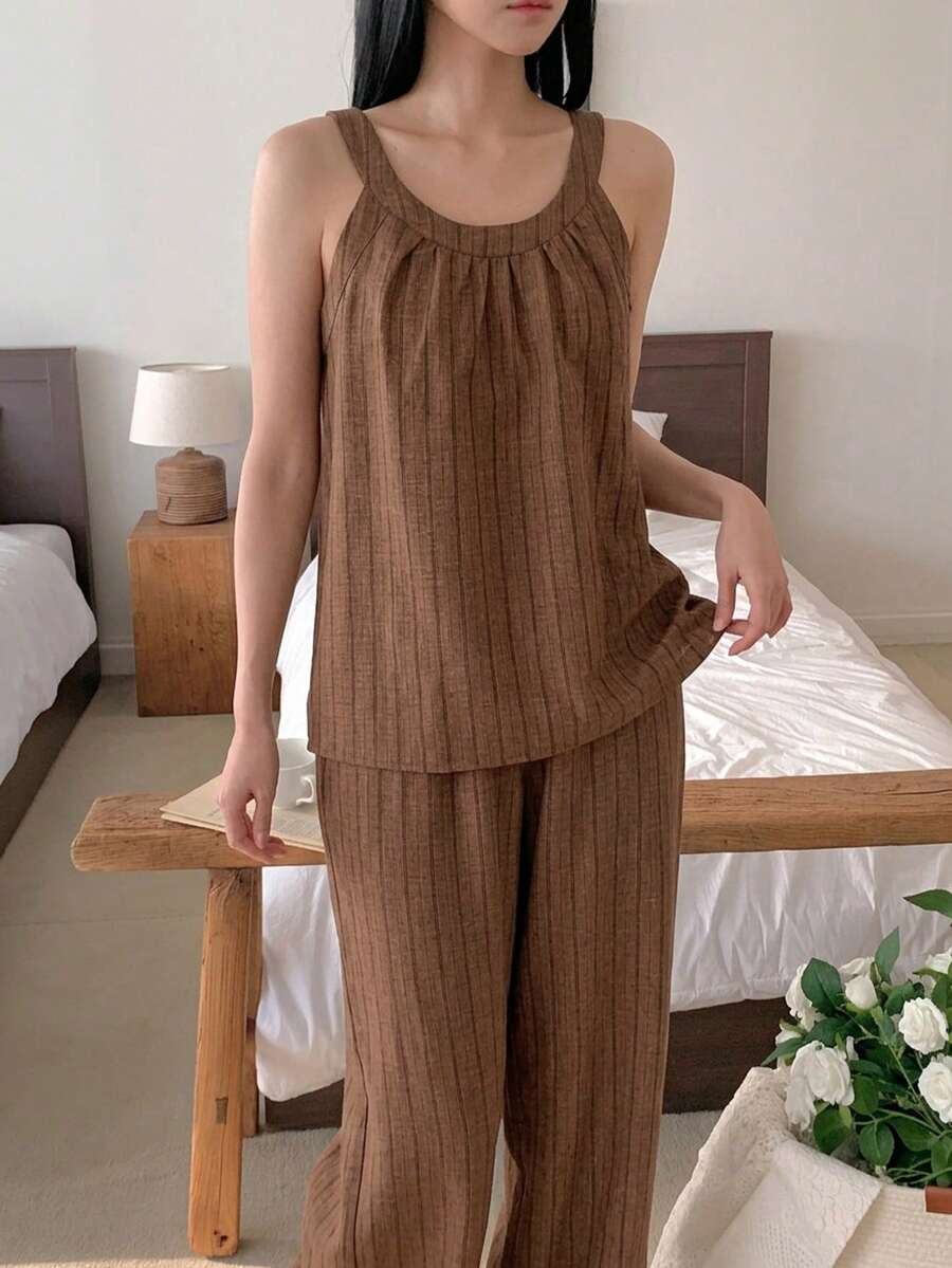 DAZY 2件套女士休闲条纹无袖宽松直筒长睡裤,夏季家居服套装 - 棕色 - 查看 1