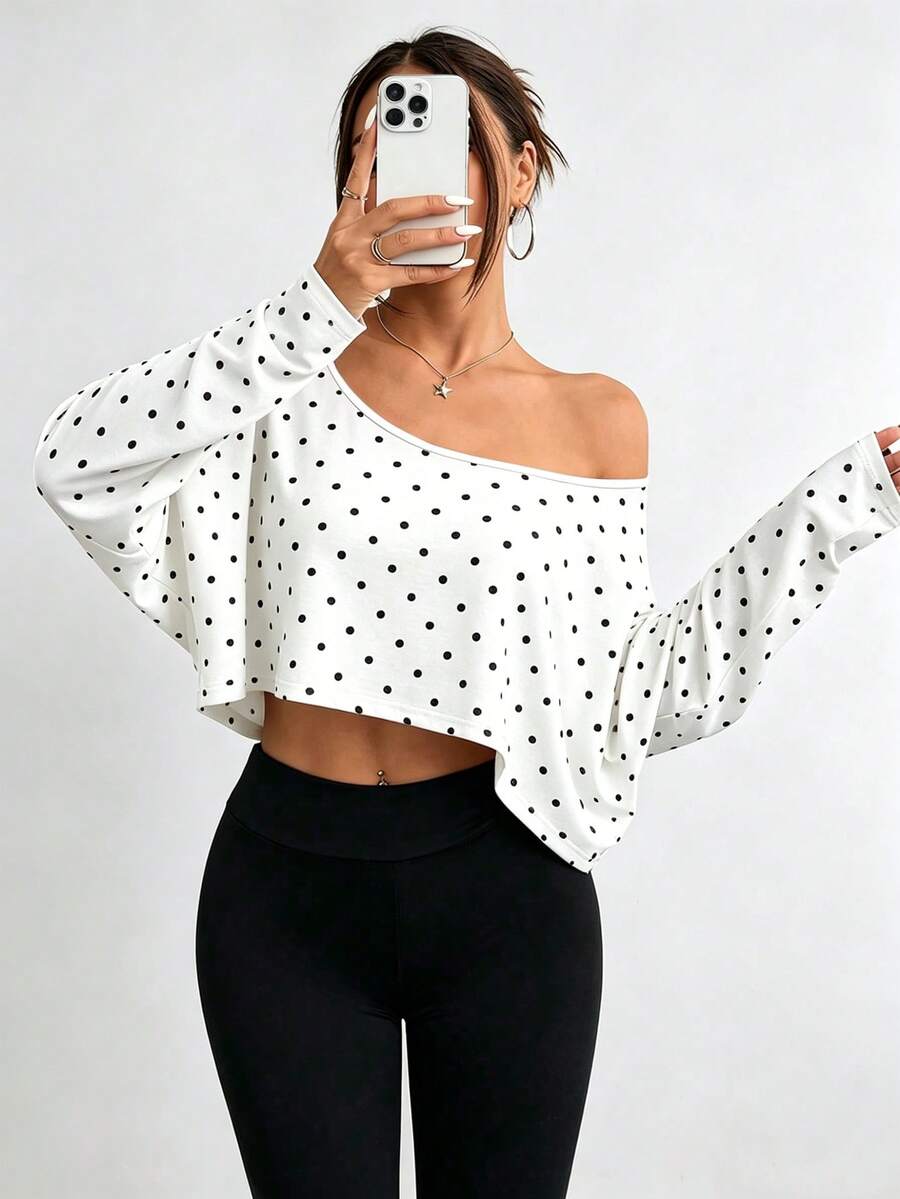 Elenzga 大码女式不对称领长袖短款休闲T恤，纯色，春秋季 - 彩色 - 查看 1