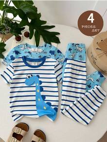 SHEIN 4pcs Young Boy Knit Snug Fit Loungewear Set, Loose Casual Cute Dinosaur Pattern, Suitable For Summer - Multicolor - View 6