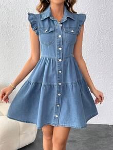 SHEIN Frenchy 女款輕量牛仔帽袖洋裝，適合秋季，休閒復古 70 年代 90 年代風，時尚舒適，淺藍色牛仔度假旅行穿搭 - 中等水洗藍 - 查看 4