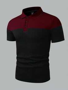 EGENSIO Men's Knitted Jacquard Solid Color Texture Splice Black & Red Collar & Cuff Ribbed Placket 3-Button Polo Shirt - Black - View 5