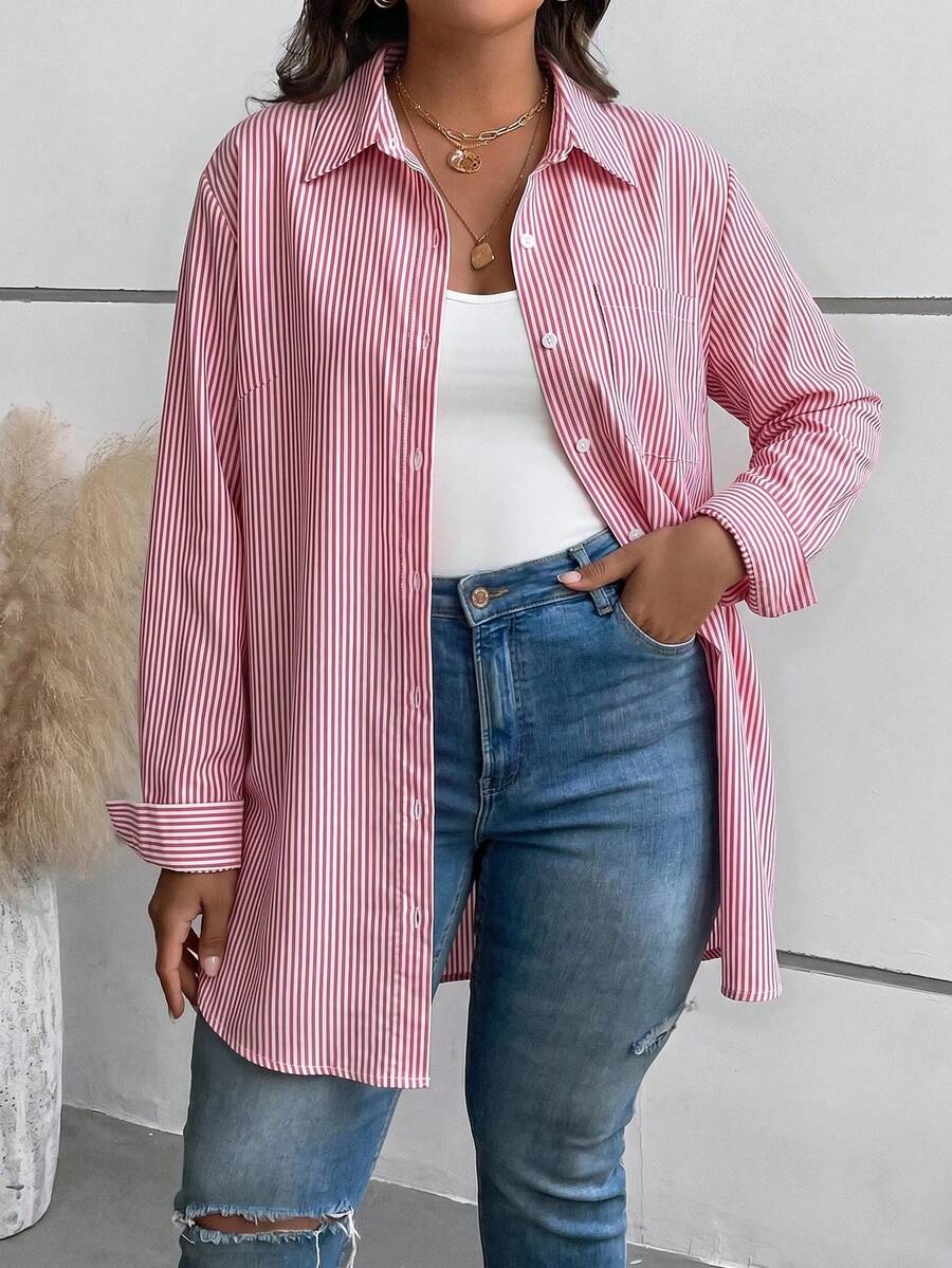 Rusticease Camisa casual de manga larga a rayas de talla grande, ropa de mujer de otoño - Rosa Fucsia - Ver 1