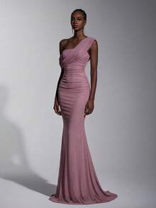 Elitara 2025 New Elegant Mesh One Shoulder Ruched Fitted Maxi Dress, Suitable For Weddings, Formal Events, Bridesmaid Dresses - Dusty Pink - View 6