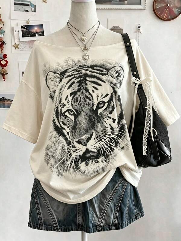 Lalippa Kaos Longgar Off-Shoulder Motif Macan Gaya Liburan Kasual Wanita, Musim Semi/Panas