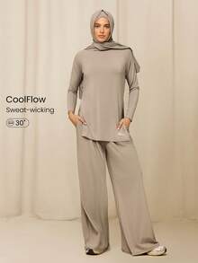 GLOWMODE Modest 1PC All-Day Ease Cooling Quick-Dry Sun Protection Adjustable Drawstring Waist Slip Pockets Wide-Leg Pants Training Running Workout Gym Daily - Khaki - View 1