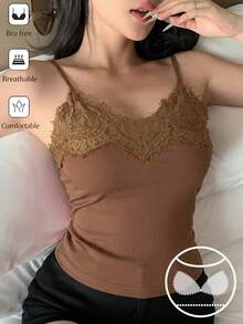 DAZY 女士时尚蕾丝拼接吊带背心 - 卡其色 - 查看 3