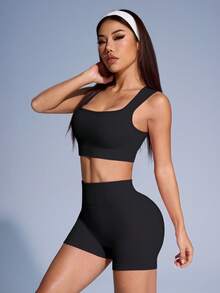 Sirith Women Solid Ribbed Fitness Tank Top & Shorts Set Workout Women Sets Sports - Black - View 5