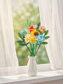POKOJA LAND 1pc 3D Geometric Assembly Mixed Flower Bouquet - Sculpted Sunflower Rose Everlasting Floral Ornament With White Vase - Aesthetic Desktop Display For Cozy Home Office Vanity - Sentimental Gift For Women Best Friends - Multicolor - View 9