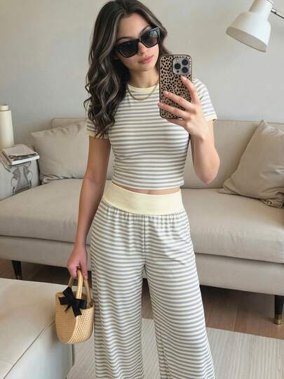SHEIN Teen Girls Striped Knit Co-Ord Set, Crew Neck Short Sleeve Fitted T-Shirt And Casual Matching Pants, Versatile All-Match Outfit