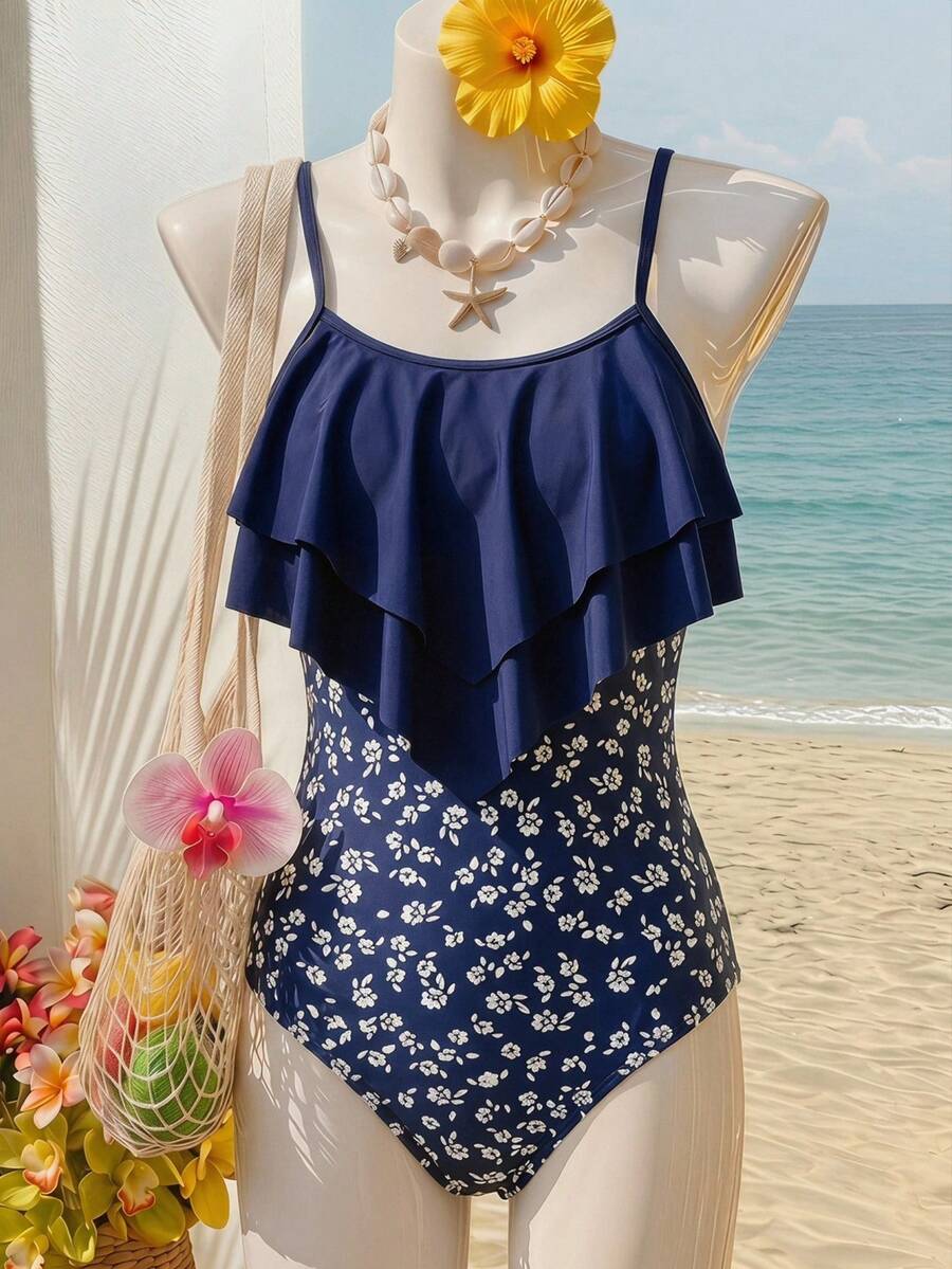 SHEIN Áo tắm liền thân xếp ly, viền bèo nhún dành cho thiếu nữ, kiểu dáng giản dị và thoải mái. - Nhiều màu - Xem 1