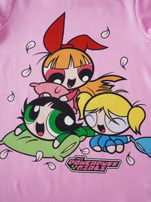 THE POWERPUFF GIRLS X SHEIN Young Girl Cute Cartoon Print Loose Short Sleeve Nightgown, Summer - Baby Pink - View 4