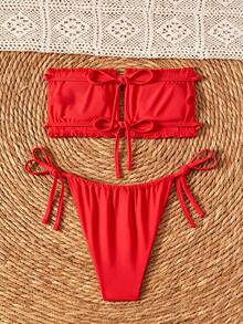 Swim Basics Reversible Bandeau (Backless Tie) High Leg Side Tie Bikini Swimwear Set - Red - View 3