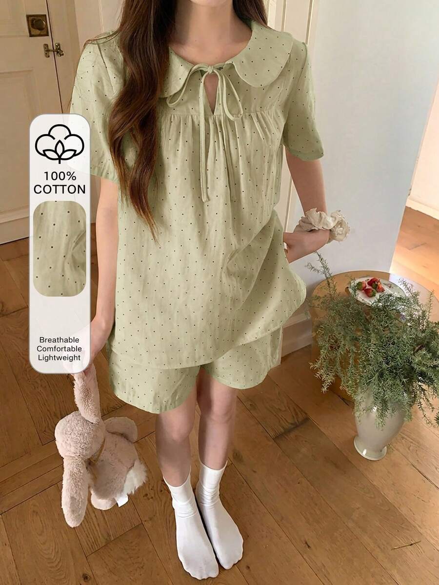 DAZY 女款可愛波點印花領結領娃娃裝睡衣套裝 夏季 - 綠色 - 查看 1