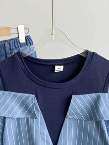 Tween Girl Navy Blue Print Round Neck 2 In 1 Short Sleeve Shirt Back-To-School School Summer Cute - Royal Blue - View 5