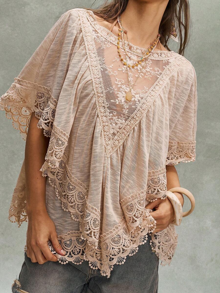 Bohemela Women's Casual Sexy Solid Color Knit Contrast Lace Ruffle Hem Loose T-Shirt Golf Pastal - Apricot - View 1