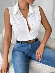 SHEIN Franclia Plus Size Women Elegant Fitted Collared Pearl Decor Casual/Work Office Sleeveless Shirt Teachers' Day White Summer - White - View 5