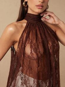 Silquee Women's Pastal Lace Halter Dress Elegant Sexy Semi-Sheer Floral Jacquard Turtleneck Asymmetrical Blouse Top Summer Party Night Date Golf Brown - Brown - View 8