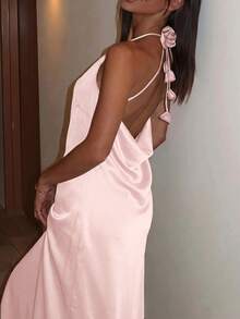 Firerie 優雅極簡性感細緻浪漫派對活動生日聚會婚禮賓客度假露背掛脖花卉交叉緞面粉色洋裝 - 淺粉色 - 查看 8