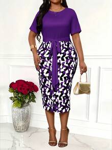 Villa Velisse Plus Size Women's Short Sleeve Tie-Up Patchwork Geometric Print Elegant Dress - Purple - View 6