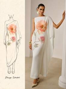 ZEYLAH VESTIDO LARGO DE AJUSTE CEÑIDO CON MANGA DE CAMPANA DE MURCIÉLAGO Y ESTAMPADO FLORAL - Blanco - Ver 8