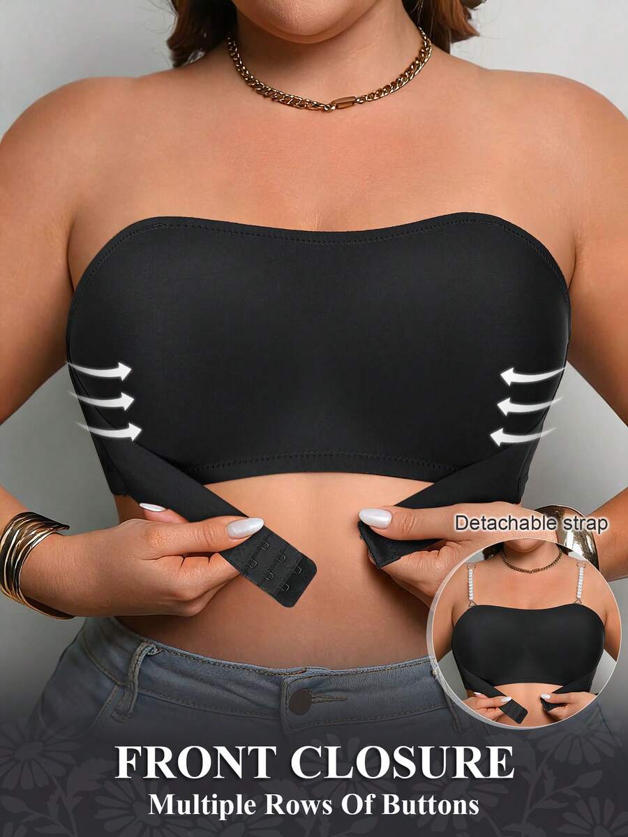 SHEIN Plus Size Black Wireless Bra, Front Closure, Pearl Strap, 1 Piece - Black - View 1
