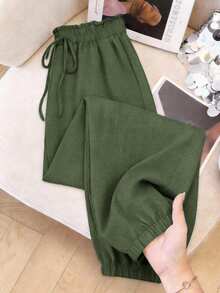 SHEIN Frenchy Summer Vacation Women's Tropical Print Knot Front High Waisted Long Pants - Green - View 6