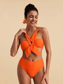 Travachic Women's Summer Vacation Beach Ruched Spaghetti Strap Bikini Set - Orange - View 5