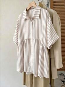 SHEIN CURVE+ 大尺碼女款前開鈕扣白色全圖案布料休閒傳統西式柔軟修身優雅短袖襯衫，適合秋季正式場合與度假 - 黑色 - 查看 5