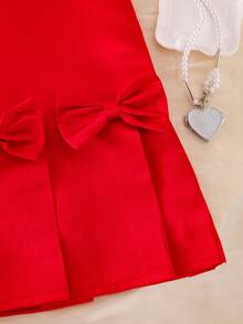 Elladie kids Young Girls Red Summer Party Dress, Plain Sleeveless Round Neck Short Casual Style With Bows And Flounce Hem Everyday Outfits - Red - View 3