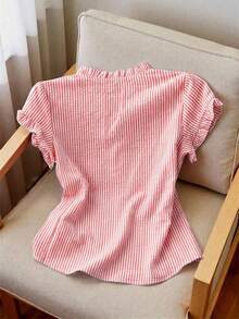 Franclia Women's Short Sleeve Ruffle Collar Front Button Striped Shirt - Hot Pink - View 2