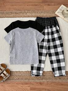 SHEIN 2pcs/Set Young Boy Soft Casual Outfit,Letter Print Round Neck Short Sleeve T-Shirt & Plaid Loose Pants,Back-To-School Summer Career Day Loungewear - Multicolor - View 2