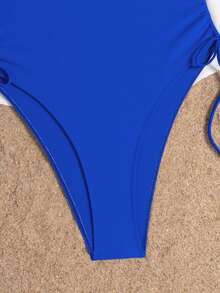 Swim SXY 纯色深V领扭结褶皱金属装饰休闲沙滩连体泳衣（女款） - 寶藍色 - 查看 6