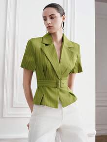Aveloria Modichic Áo blazer ngắn tay sọc xanh ô liu cho nữ, dáng ôm eo định hình, phong cách tối giản đô thị sang trọng, đa năng cho đi làm & đi chơi - màu xanh lá - Xem 4