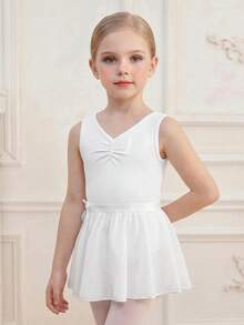 SHEIN Young Girl Simple Solid Color Pleated Bust One-Piece Swimsuit And Bow Waist Skirt Sports Set - White - View 4